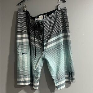 Hurley Men's Swim Shorts - Black, Gray, and White Stripes 36